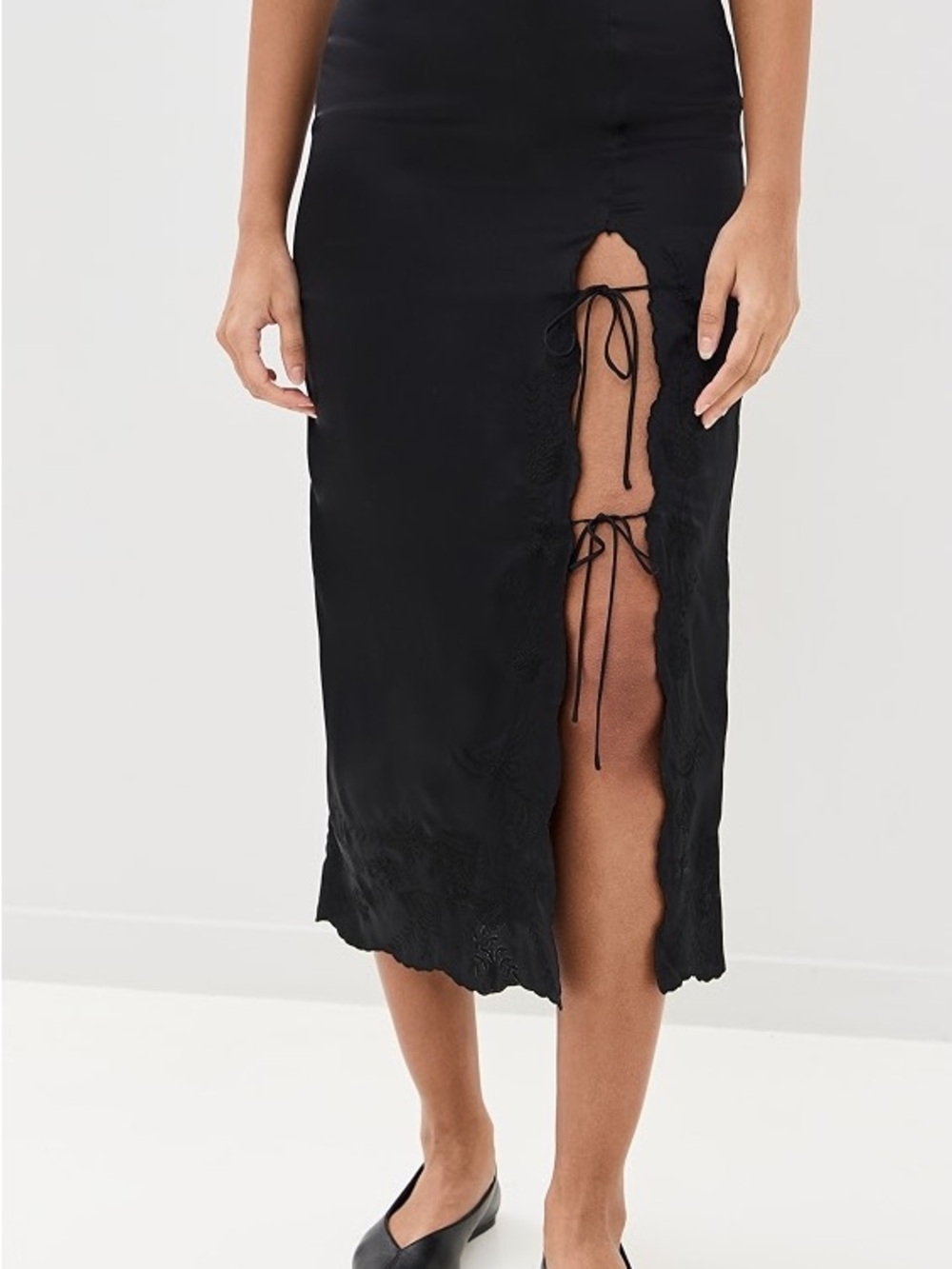 Reformation Mira Silk Black Lace-Trim Midi Skirt with Front Tie Detail